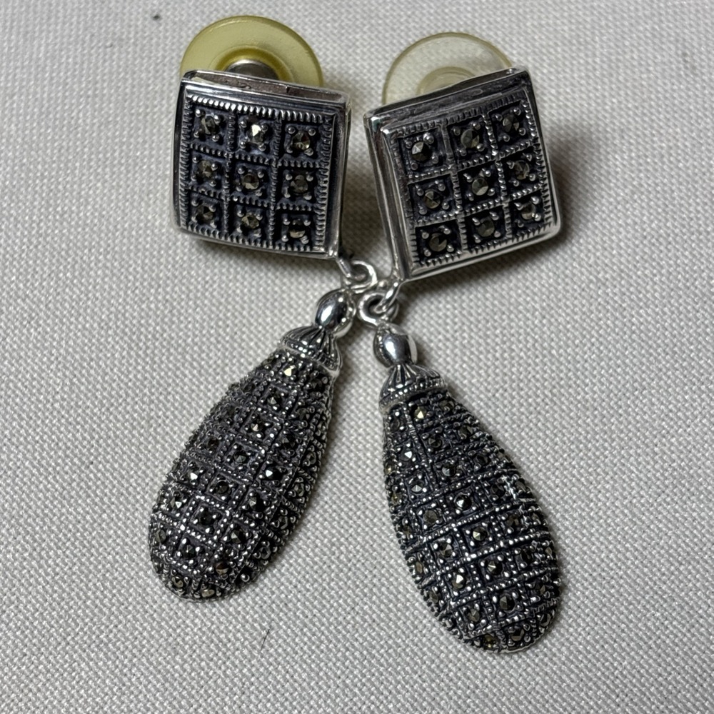 Long Marcasites Dangle Sterling Silver 925 Drop Pierced EARRINGS
